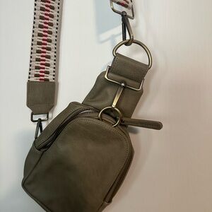 Anthropologie Olive Green Crossbody Pouch with Patterned Woven Strap